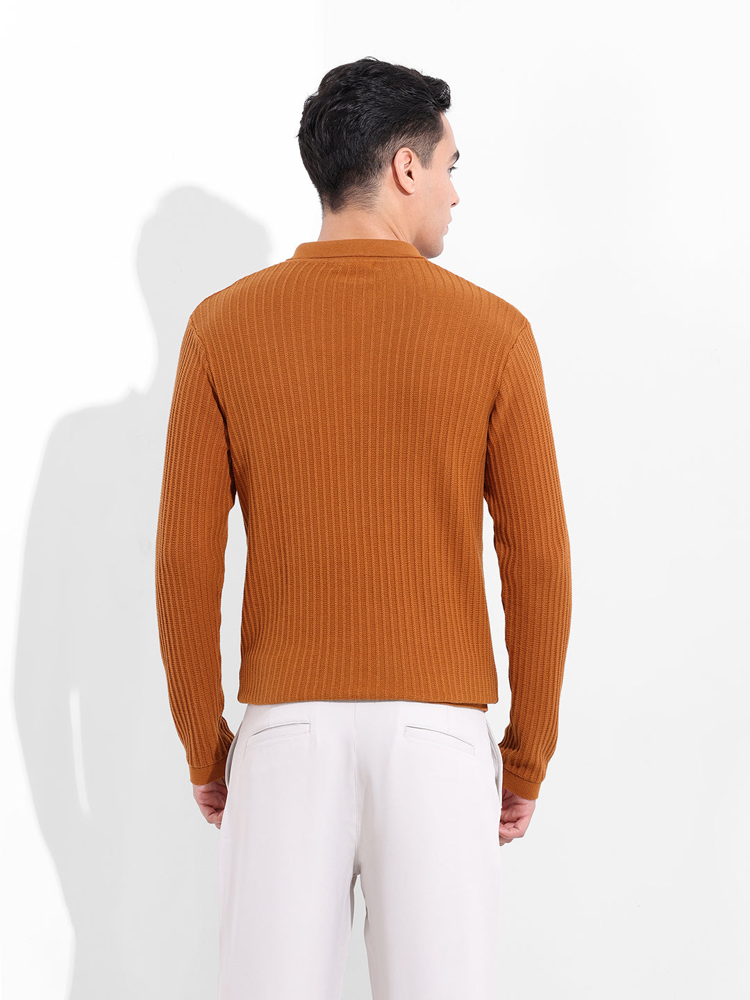 Men's Rust Slim Fit Textured Flat Knit Polo Collar T-Shirt