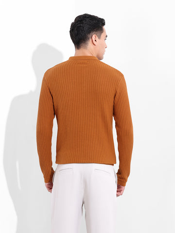 Men's Rust Slim Fit Textured Flat Knit Polo Collar T-Shirt