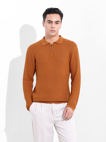 Men's Rust Slim Fit Textured Flat Knit Polo Collar T-Shirt