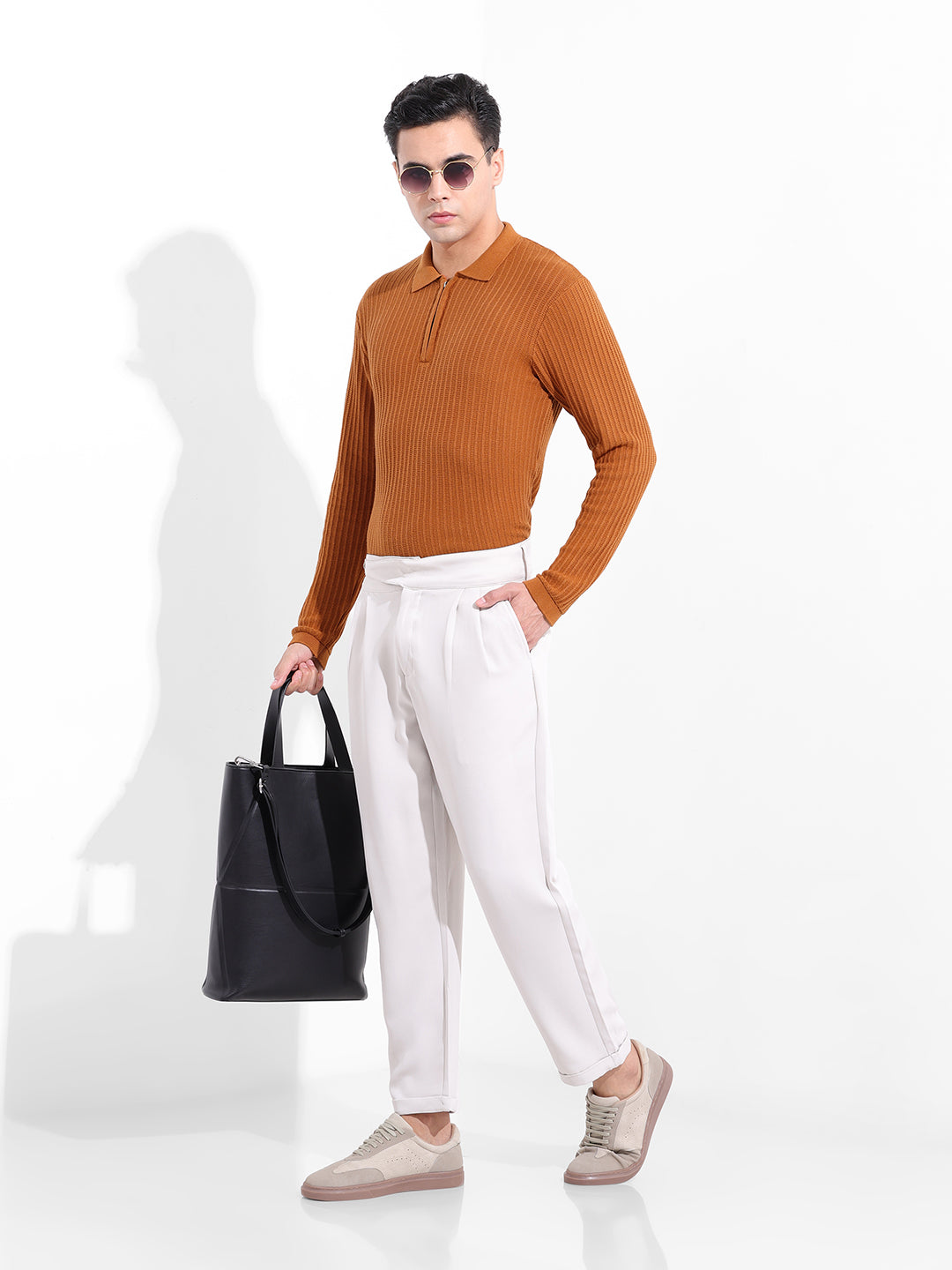 Men's Rust Slim Fit Textured Flat Knit Polo Collar T-Shirt