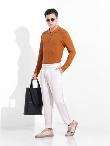Men's Rust Slim Fit Textured Flat Knit Polo Collar T-Shirt