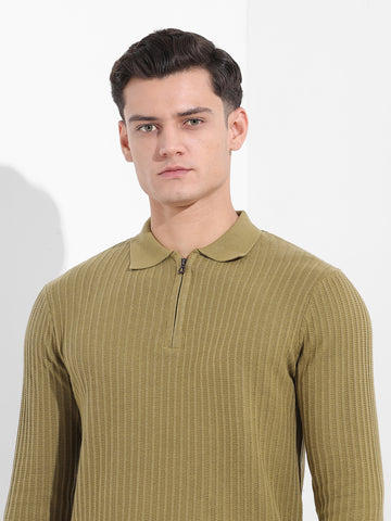 Men's Green Slim Fit Textured Flat Knit Polo Collar T-Shirt