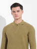 Men's Green Slim Fit Textured Flat Knit Polo Collar T-Shirt