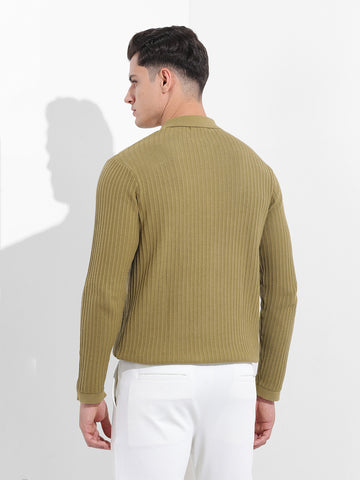 Men's Green Slim Fit Textured Flat Knit Polo Collar T-Shirt