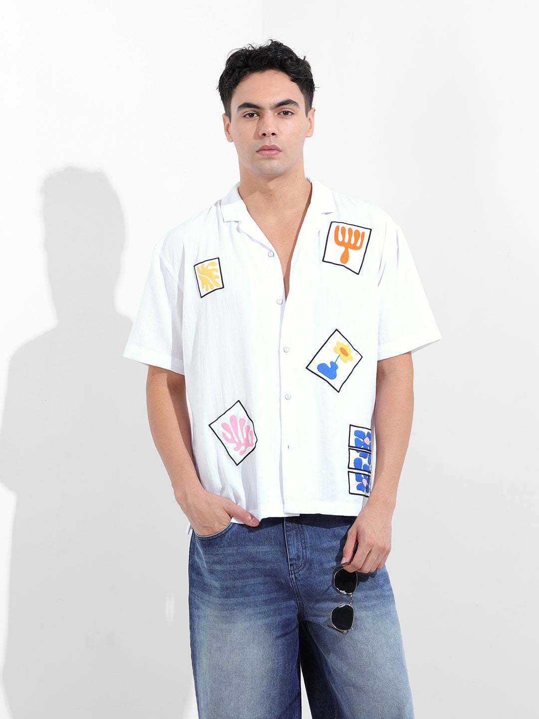 Men's White Relaxed Fit Embroided Resort Wear Shirt