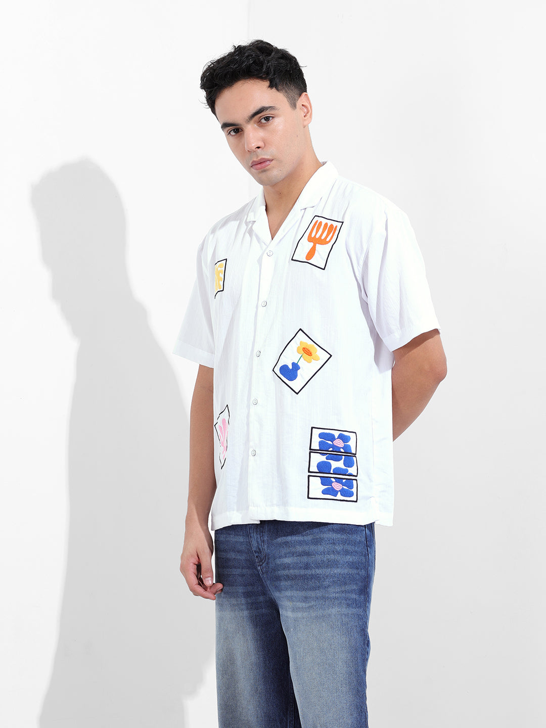 Men's White Relaxed Fit Embroided Resort Wear Shirt