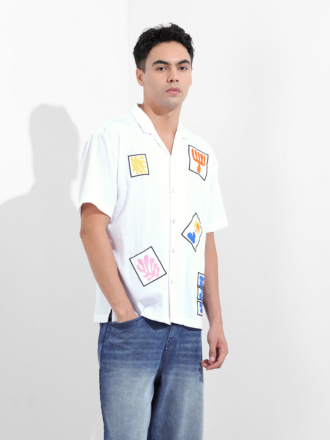 Men's White Relaxed Fit Embroided Resort Wear Shirt