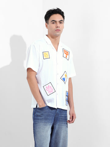 Men's White Relaxed Fit Embroided Resort Wear Shirt