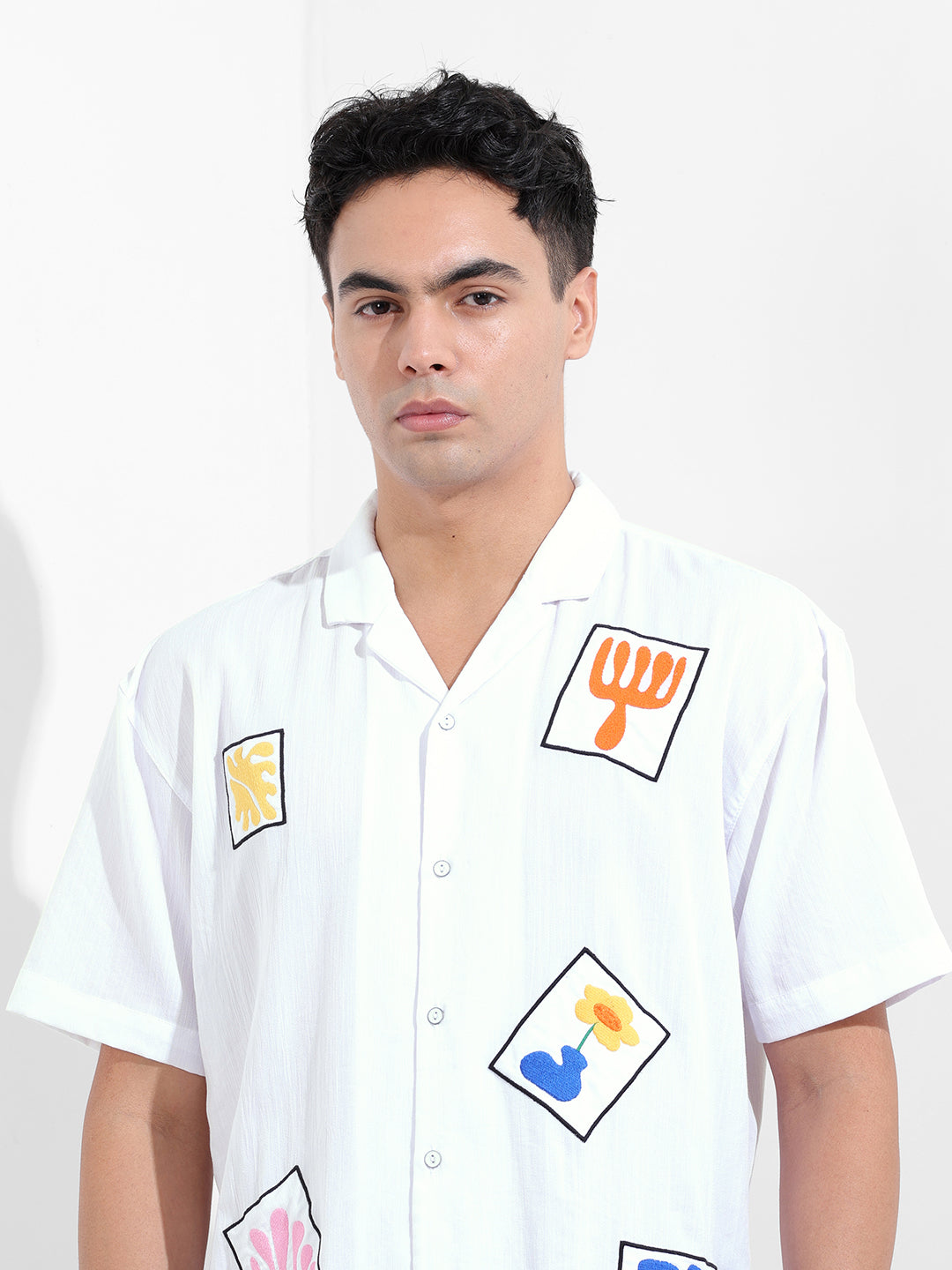 Men's White Relaxed Fit Embroided Resort Wear Shirt