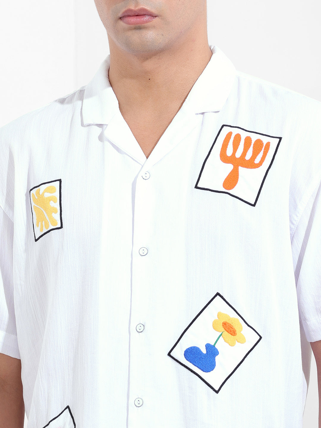 Men's White Relaxed Fit Embroided Resort Wear Shirt