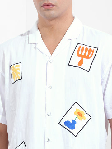 Men's White Relaxed Fit Embroided Resort Wear Shirt