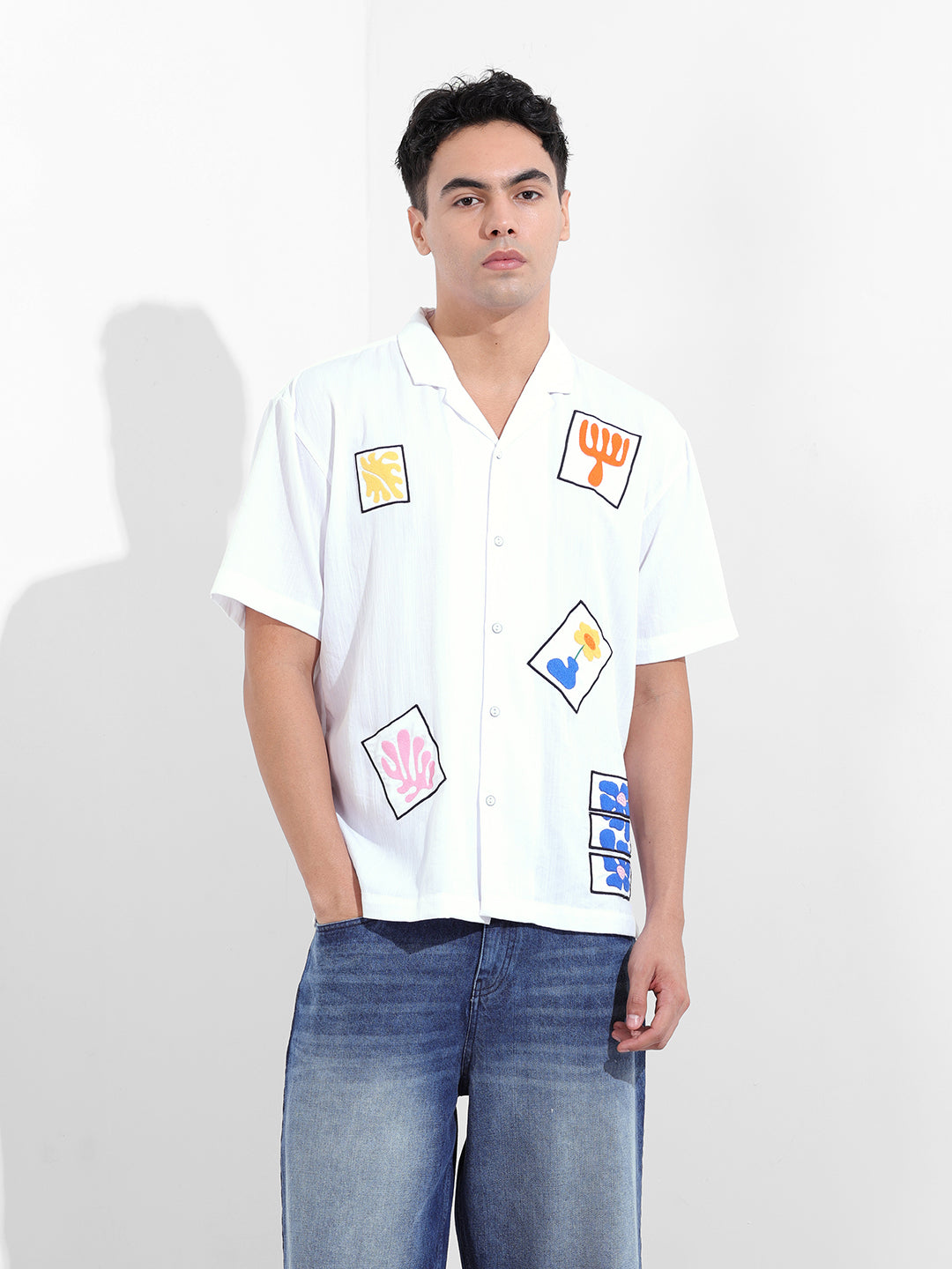 Men's White Relaxed Fit Embroided Resort Wear Shirt