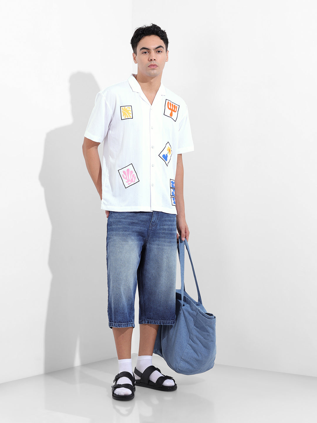 Men's White Relaxed Fit Embroided Resort Wear Shirt