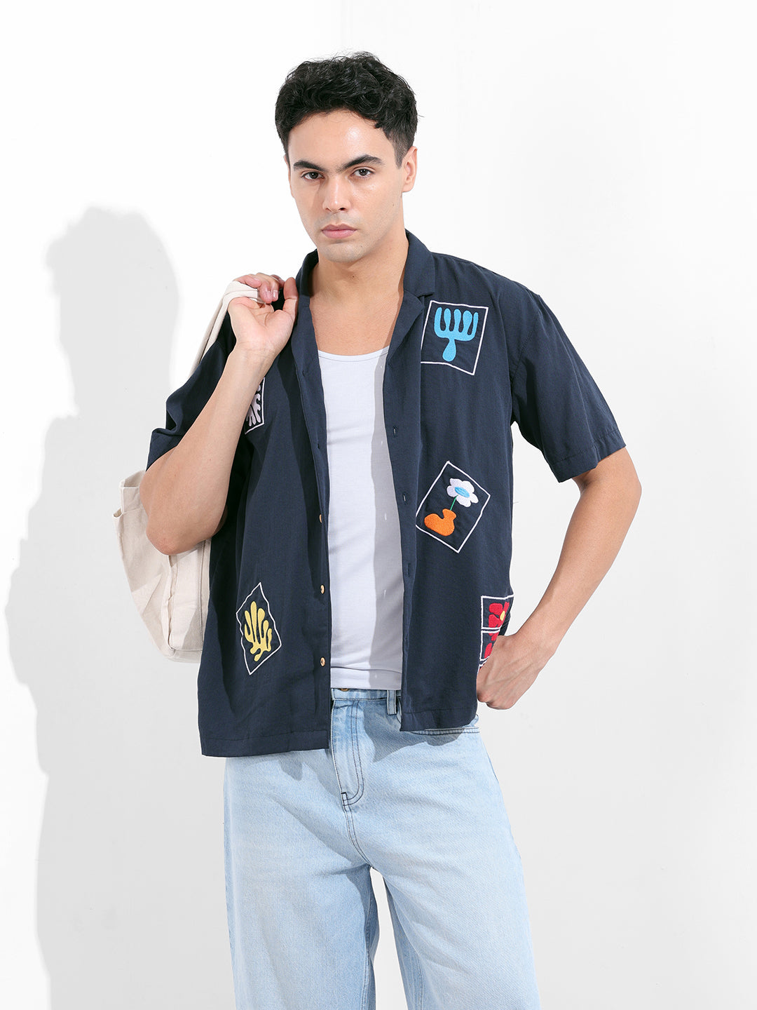 Men's Navy Blue Relaxed Fit Embroided Resort Wear Shirt