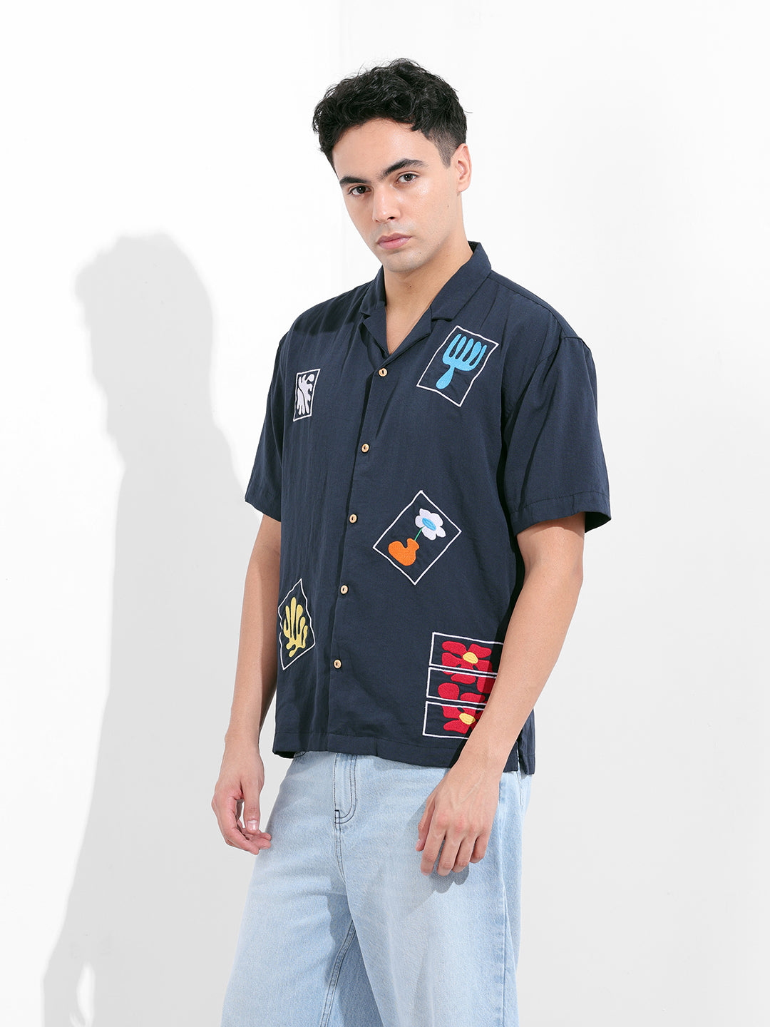 Men's Navy Blue Relaxed Fit Embroided Resort Wear Shirt