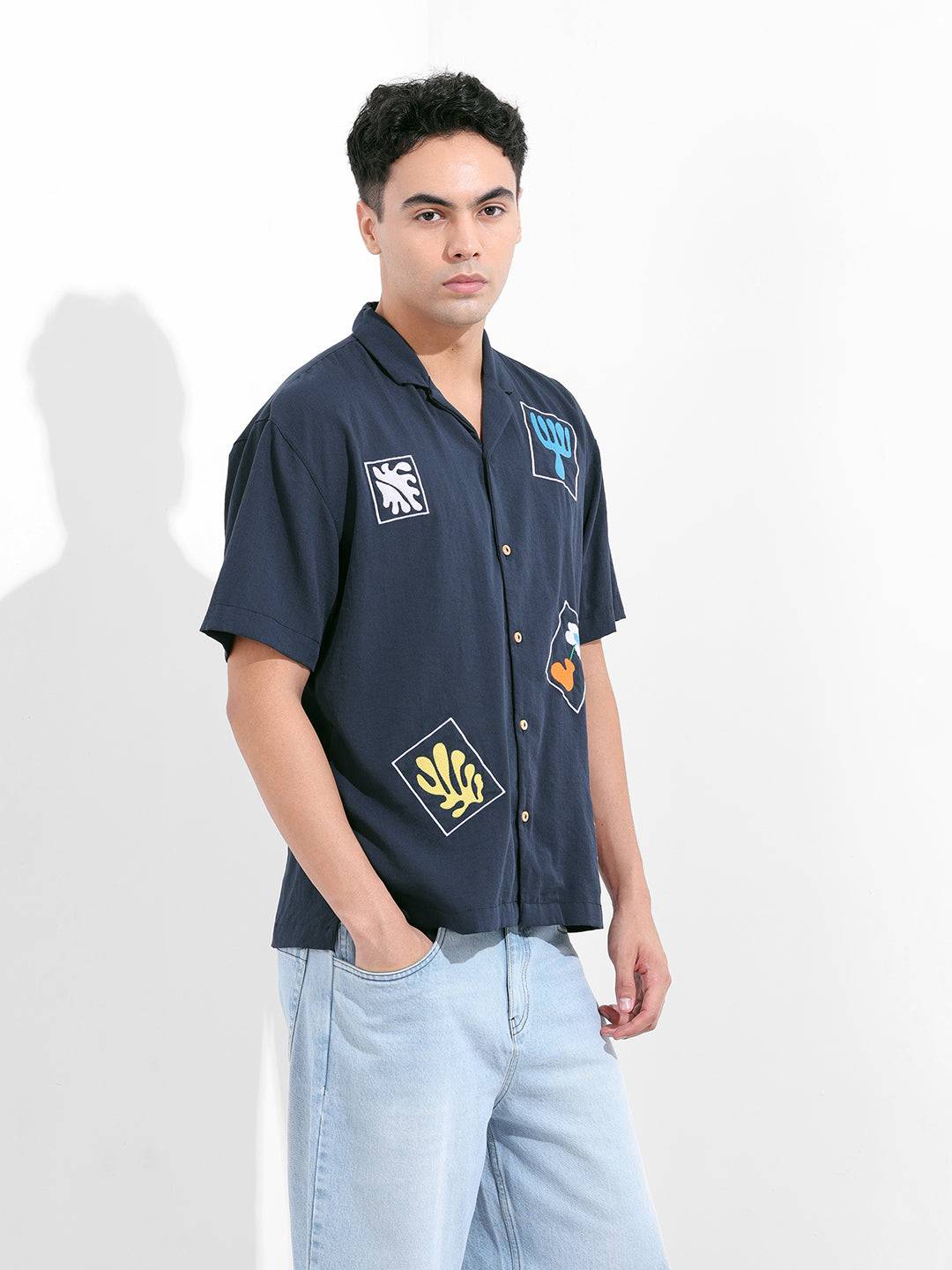 Men's Navy Blue Relaxed Fit Embroided Resort Wear Shirt
