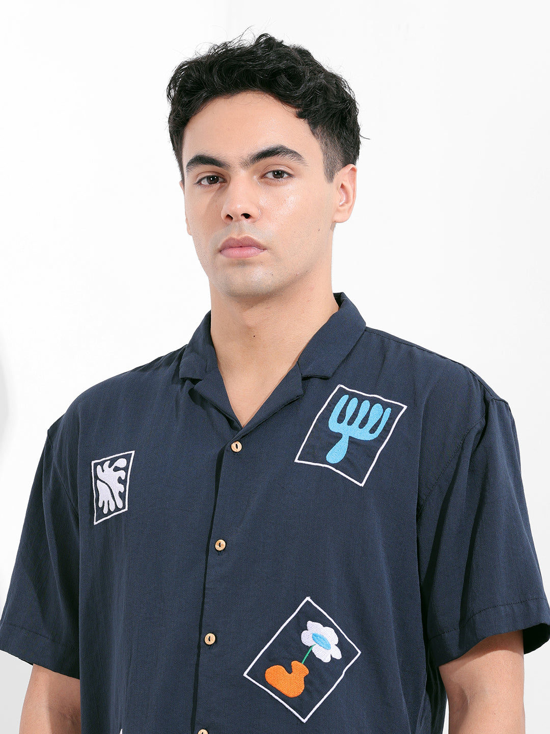 Men's Navy Blue Relaxed Fit Embroided Resort Wear Shirt