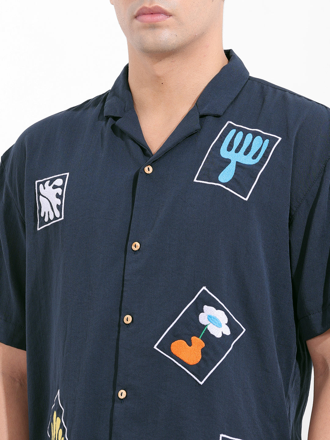Men's Navy Blue Relaxed Fit Embroided Resort Wear Shirt