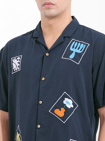 Men's Navy Blue Relaxed Fit Embroided Resort Wear Shirt