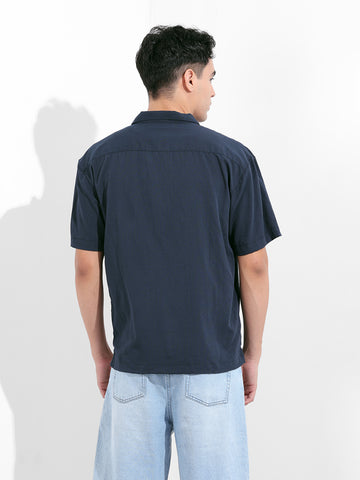 Men's Navy Blue Relaxed Fit Embroided Resort Wear Shirt