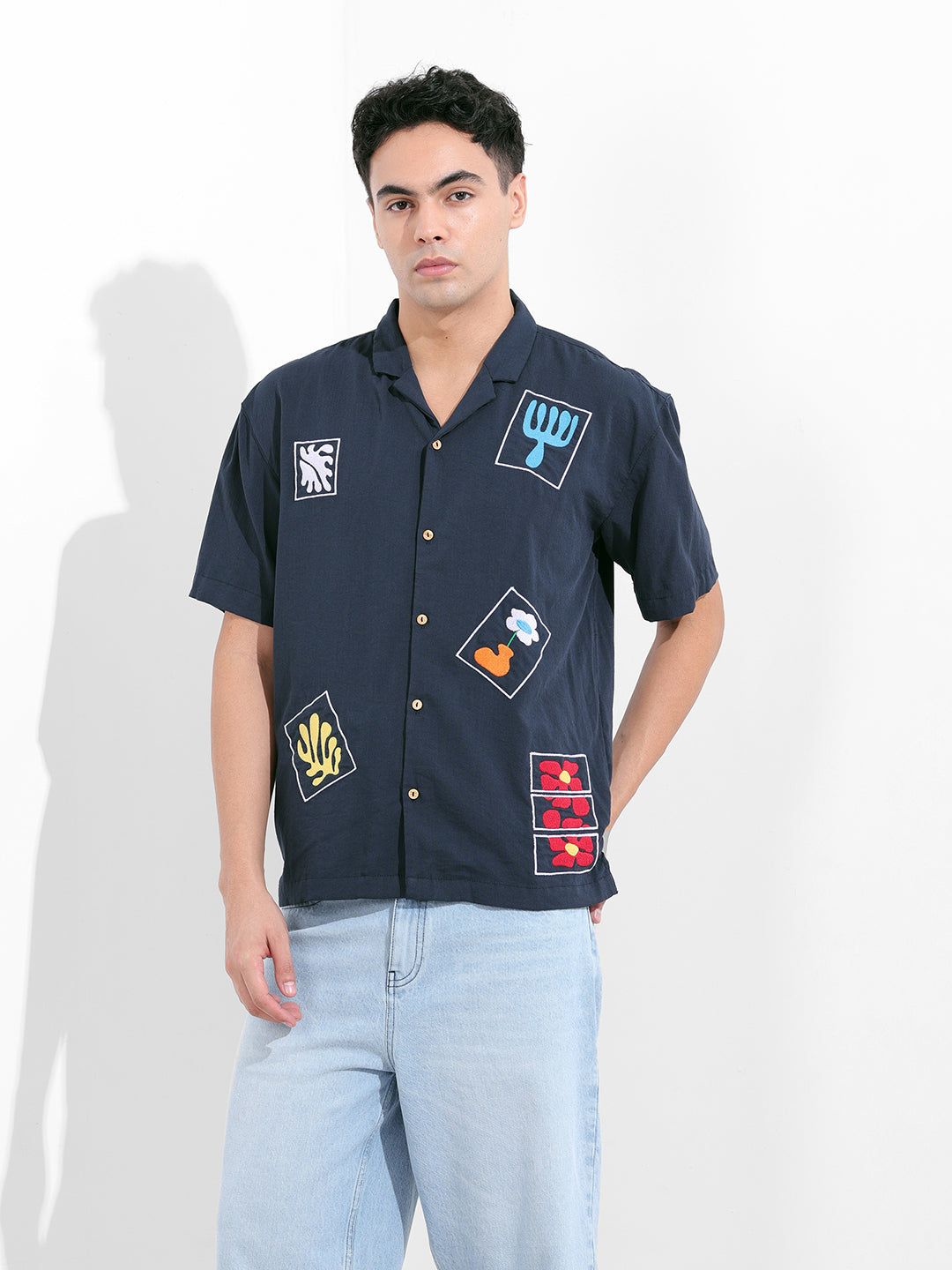 Men's Navy Blue Relaxed Fit Embroided Resort Wear Shirt