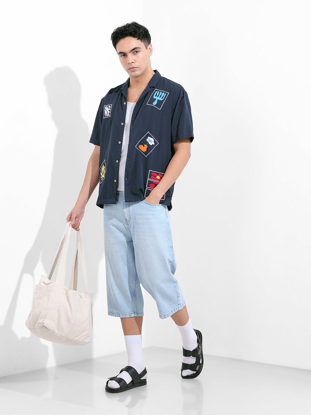 Men's Navy Blue Relaxed Fit Embroided Resort Wear Shirt