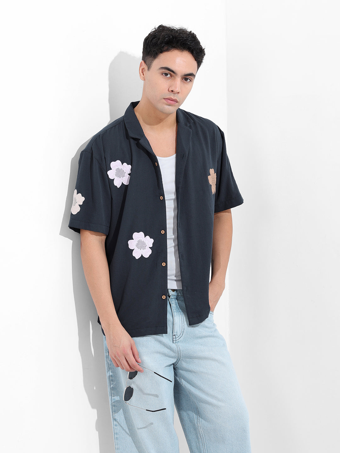 Men's Navy Blue Relaxed Fit Embroided Resort Wear Shirt