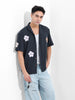 Men's Navy Blue Relaxed Fit Embroided Resort Wear Shirt