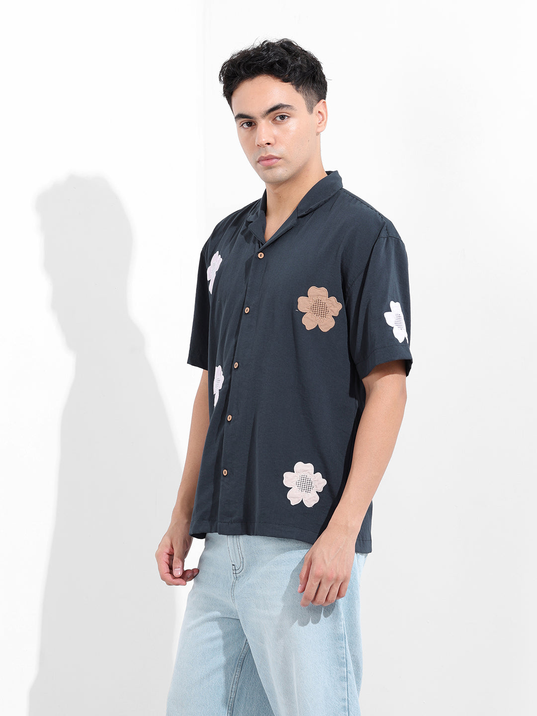 Men's Navy Blue Relaxed Fit Embroided Resort Wear Shirt