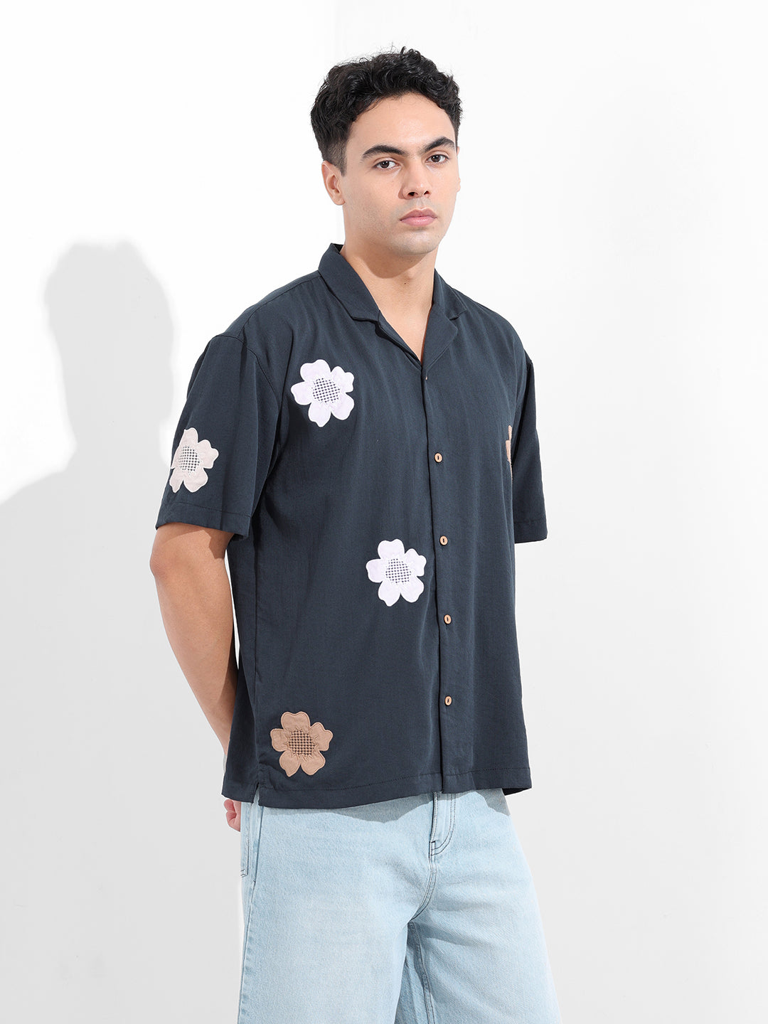 Men's Navy Blue Relaxed Fit Embroided Resort Wear Shirt