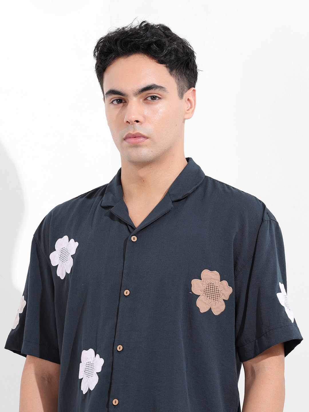 Men's Navy Blue Relaxed Fit Embroided Resort Wear Shirt