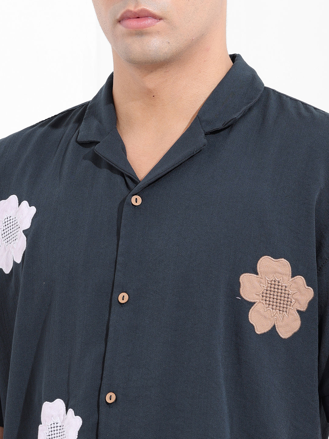 Men's Navy Blue Relaxed Fit Embroided Resort Wear Shirt