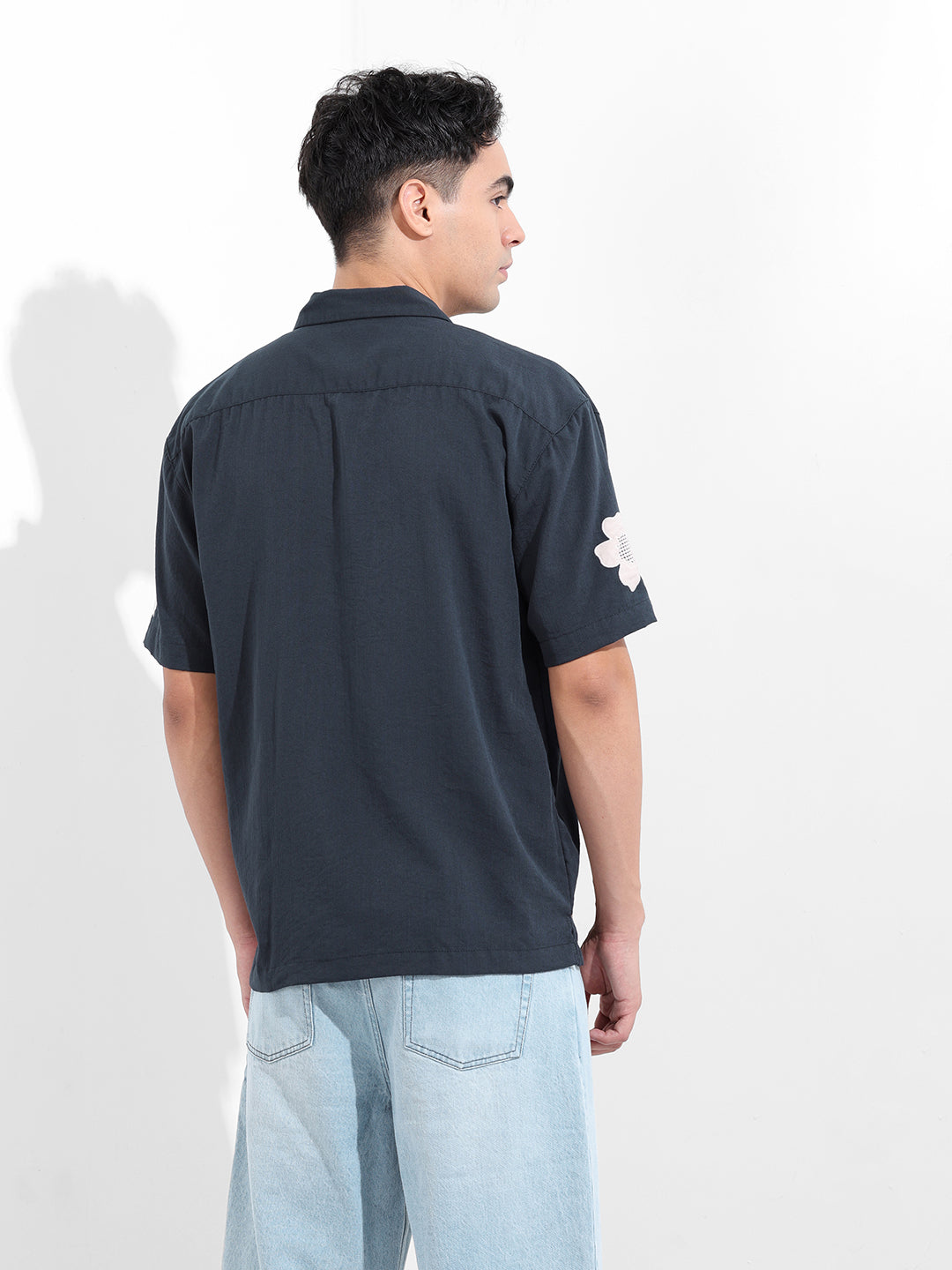 Men's Navy Blue Relaxed Fit Embroided Resort Wear Shirt