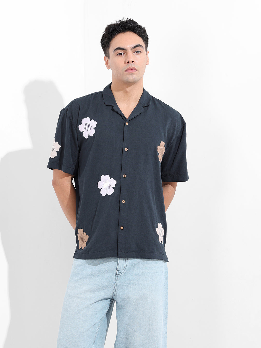 Men's Navy Blue Relaxed Fit Embroided Resort Wear Shirt