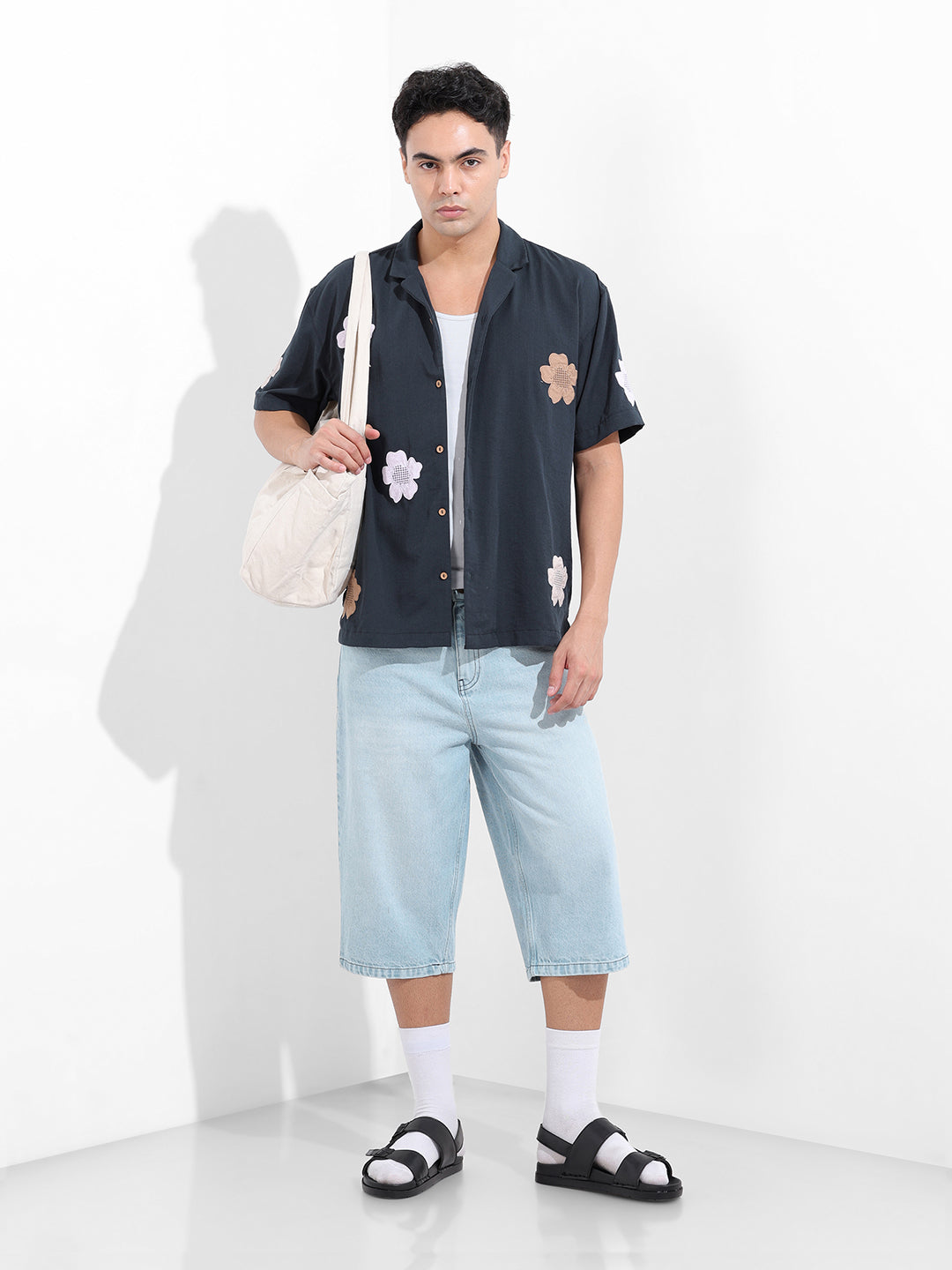 Men's Navy Blue Relaxed Fit Embroided Resort Wear Shirt