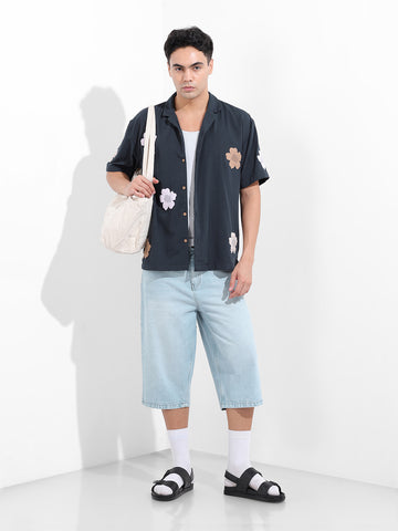 Men's Navy Blue Relaxed Fit Embroided Resort Wear Shirt