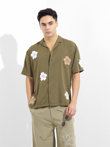 Men's Olive Relaxed Fit Embroided Resort Wear Shirt