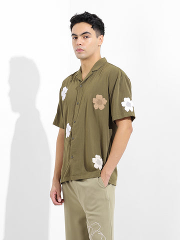 Men's Olive Relaxed Fit Embroided Resort Wear Shirt