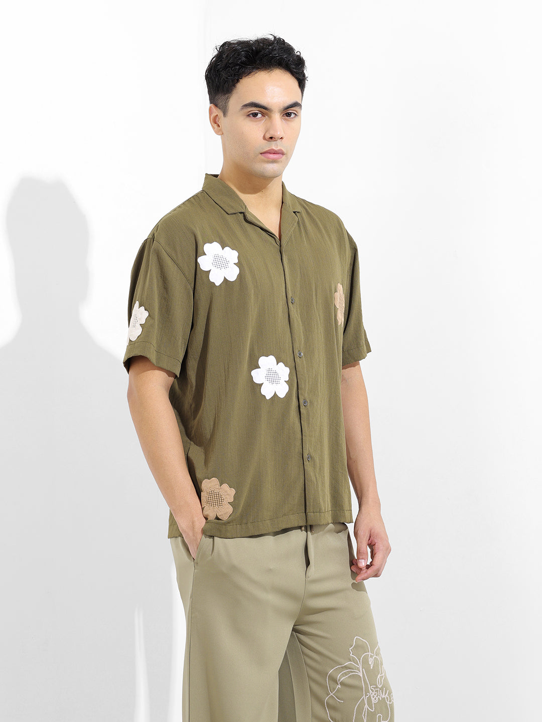 Men's Olive Relaxed Fit Embroided Resort Wear Shirt