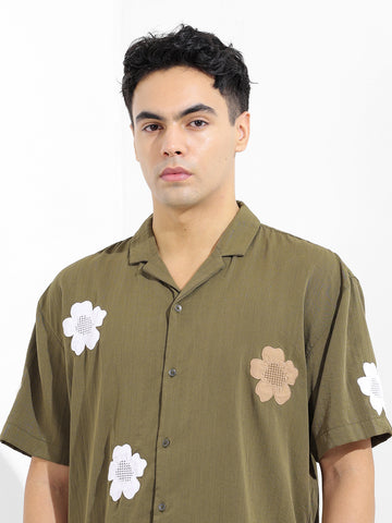 Men's Olive Relaxed Fit Embroided Resort Wear Shirt