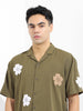 Men's Olive Relaxed Fit Embroided Resort Wear Shirt