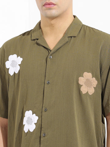 Men's Olive Relaxed Fit Embroided Resort Wear Shirt