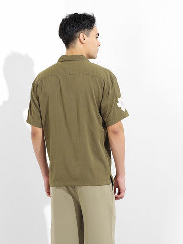 Men's Olive Relaxed Fit Embroided Resort Wear Shirt