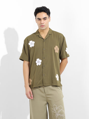 Men's Olive Relaxed Fit Embroided Resort Wear Shirt
