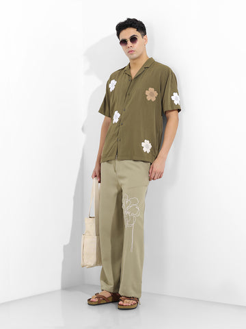 Men's Olive Relaxed Fit Embroided Resort Wear Shirt