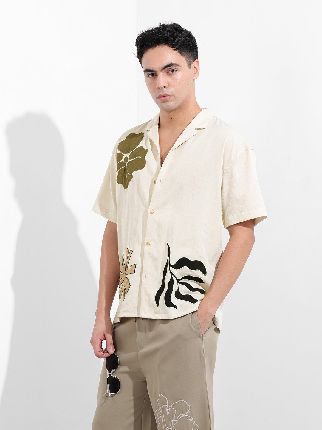 Men's Cream Relaxed Fit Embroided Resort Wear Shirt