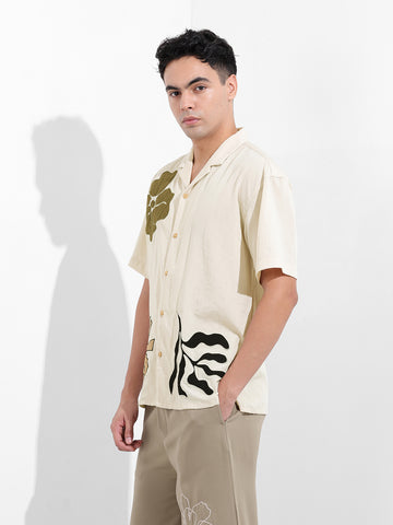 Men's Cream Relaxed Fit Embroided Resort Wear Shirt