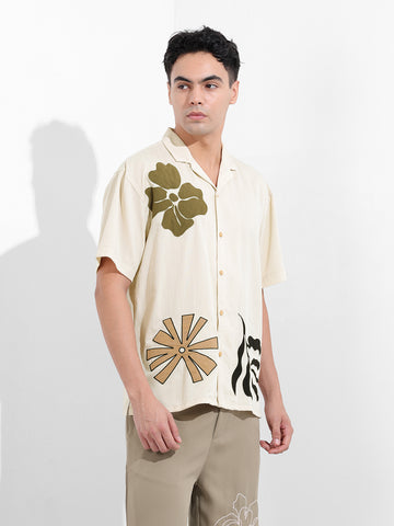 Men's Cream Relaxed Fit Embroided Resort Wear Shirt