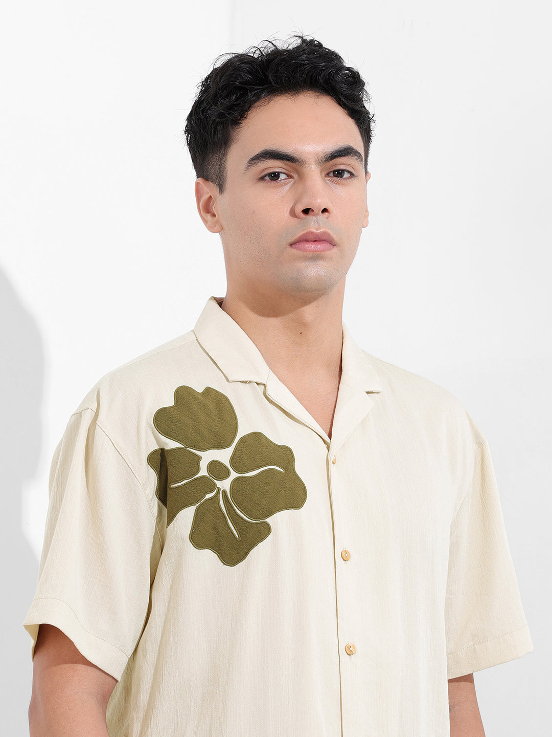 Men's Cream Relaxed Fit Embroided Resort Wear Shirt