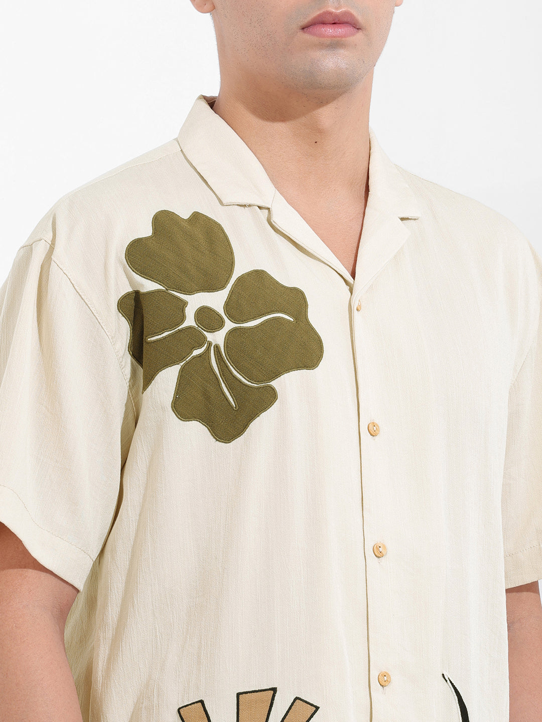 Men's Cream Relaxed Fit Embroided Resort Wear Shirt